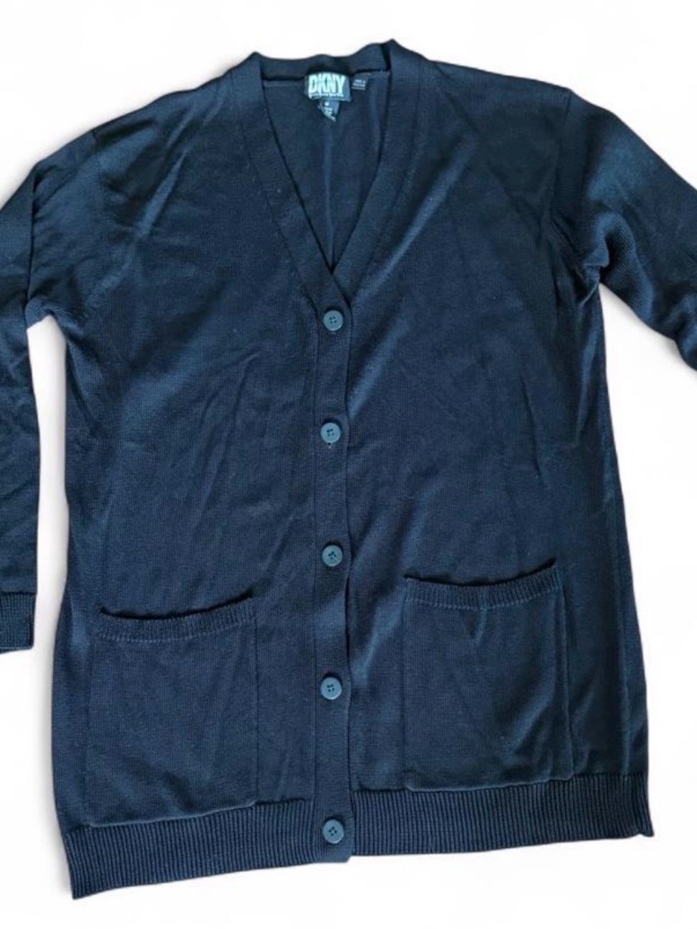 DKNY Navy Long-Sleeve Button Cardigan with Front Pockets